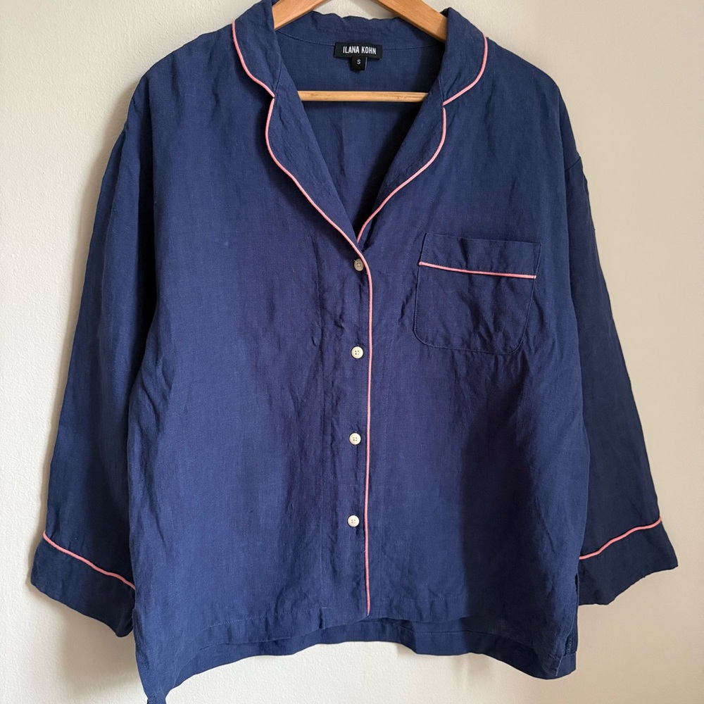 Ilana Kohn 100% Linen Made in USA Shirt Size S Blue with Pink Accents Jacket - Picture 15 of 15